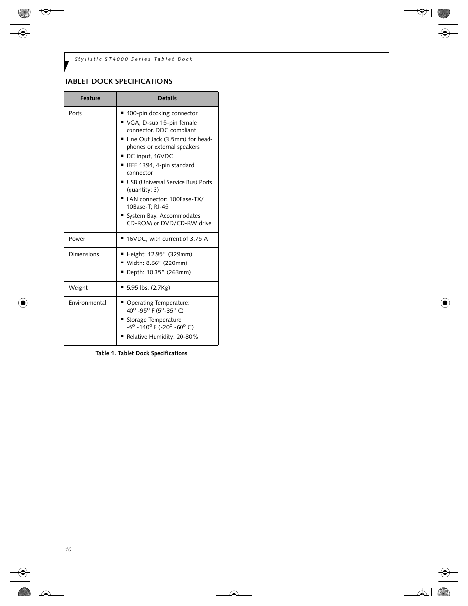 Tablet dock specifications | Fujitsu Siemens Computers Tablet Dock ST4000 Series User Manual | Page 10 / 12
