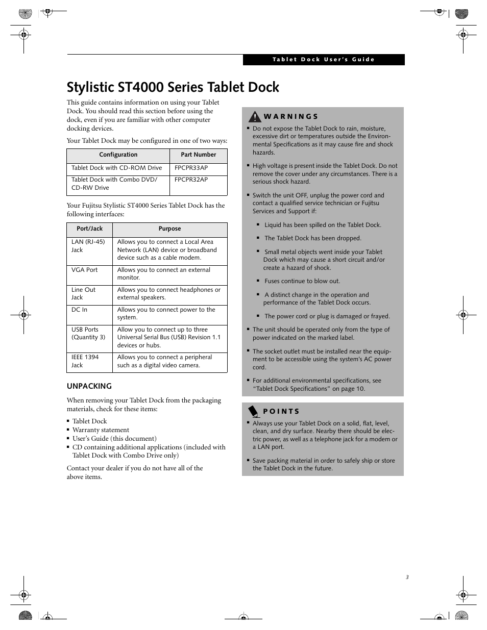 Stylistic st4000 series tablet dock, Unpacking | Fujitsu Siemens Computers Tablet Dock ST4000 Series User Manual | Page 3 / 12