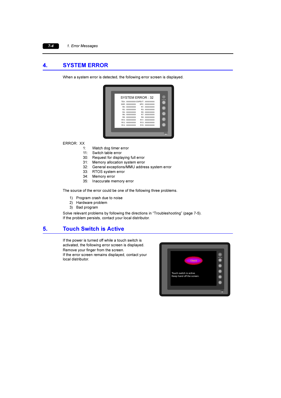 System error, Touch switch is active, System error -4 | Touch switch is active -4 | Fuji Bikes FEH381 User Manual | Page 116 / 124