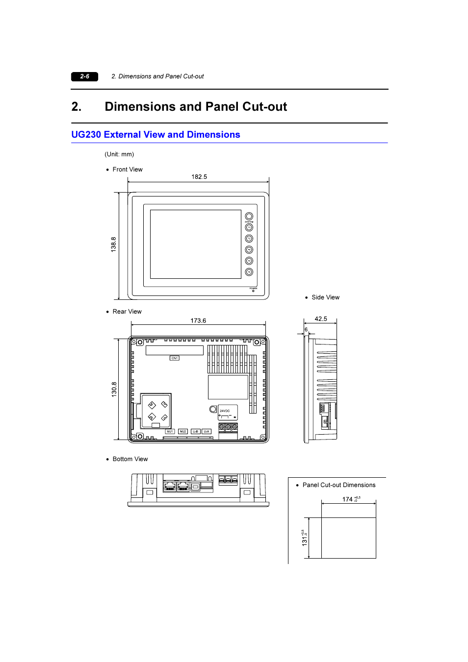 Dimensions and panel cut-out, Ug230 external view and dimensions, Dimensions and panel cut-out -6 | Ug230 external view and dimensions -6 | Fuji Bikes FEH381 User Manual | Page 25 / 124
