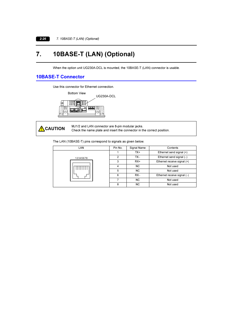 10base-t (lan) (optional), 10base-t connector, 10base-t (lan) (optional) -26 | 10base-t connector -26, Caution | Fuji Bikes FEH381 User Manual | Page 45 / 124