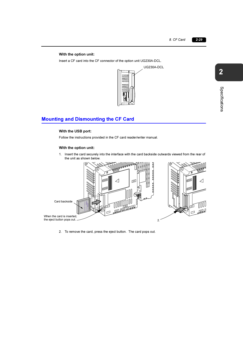 Mounting and dismounting the cf card, Mounting and dismounting the cf card -29 | Fuji Bikes FEH381 User Manual | Page 48 / 124