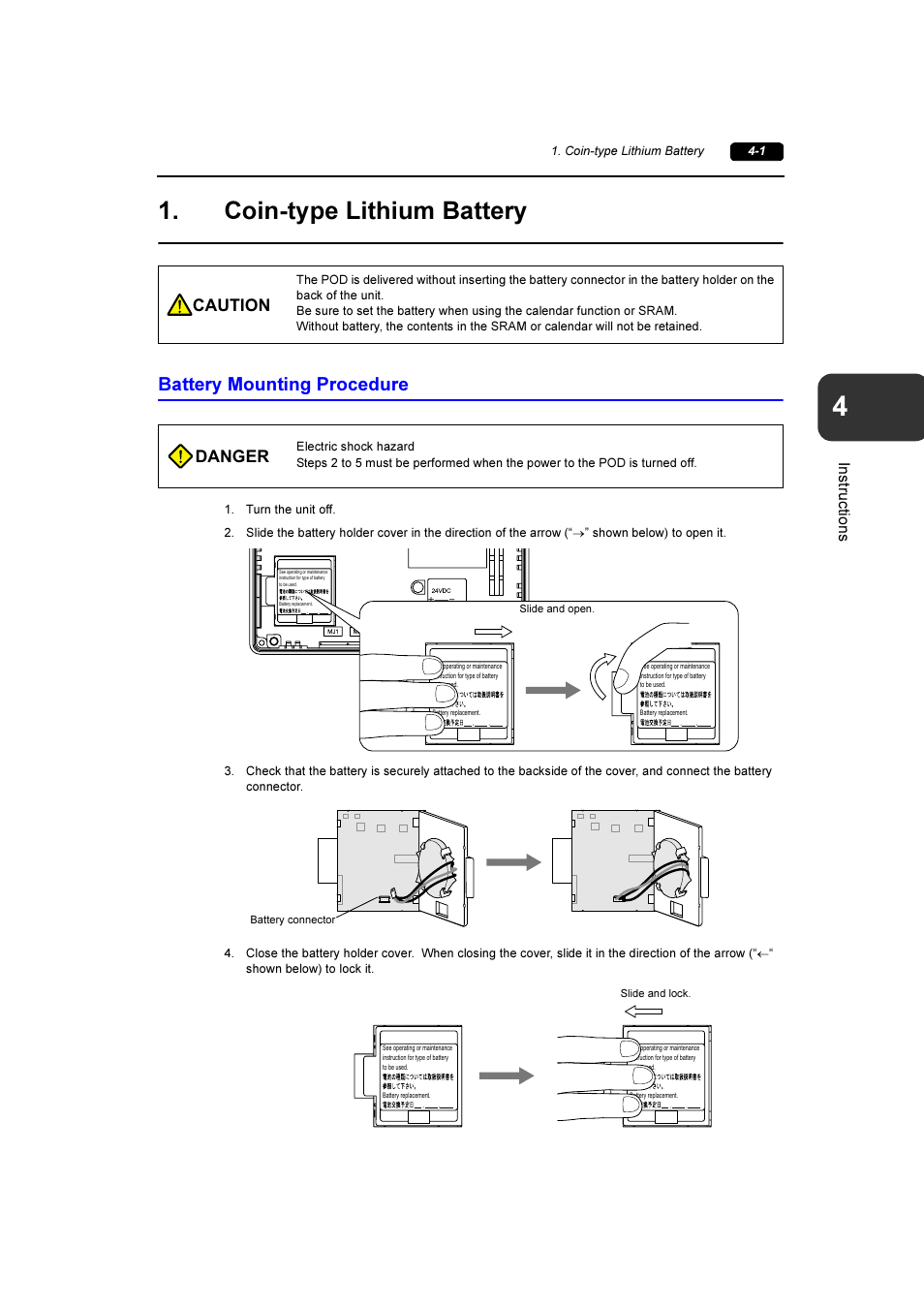 Coin-type lithium battery, Battery mounting procedure, Coin-type lithium battery -1 | Battery mounting procedure -1, Caution, Danger, Instructio ns | Fuji Bikes FEH381 User Manual | Page 56 / 124