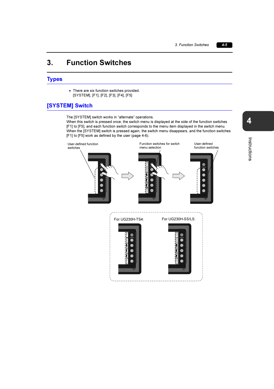 Function switches, Types, System] switch | Function switches -5, Types -5 [system] switch -5, Instructio ns, Function switches 4-5 | Fuji Bikes FEH381 User Manual | Page 60 / 124