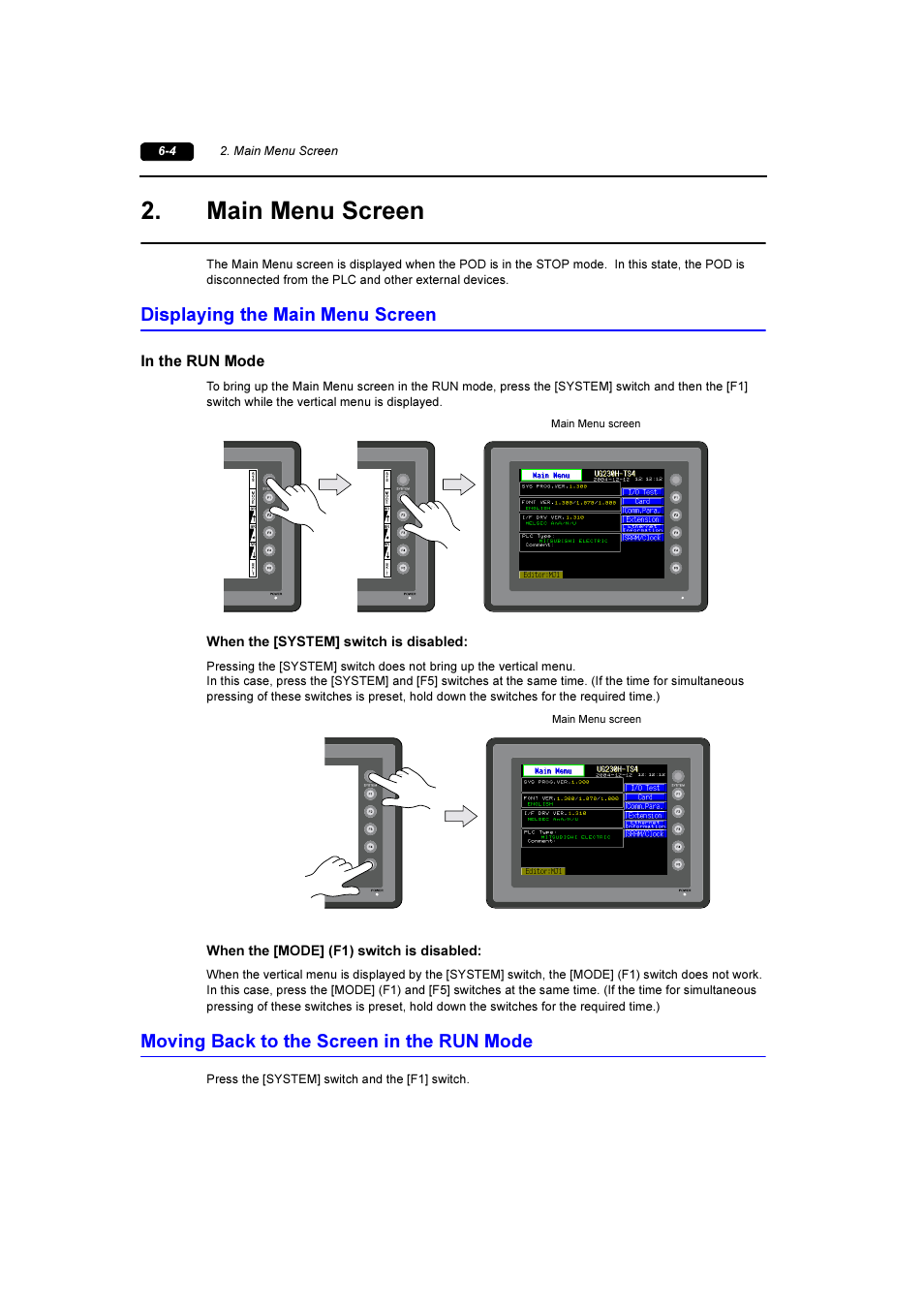 Main menu screen, Displaying the main menu screen, Moving back to the screen in the run mode | Main menu screen -4 | Fuji Bikes FEH381 User Manual | Page 77 / 124