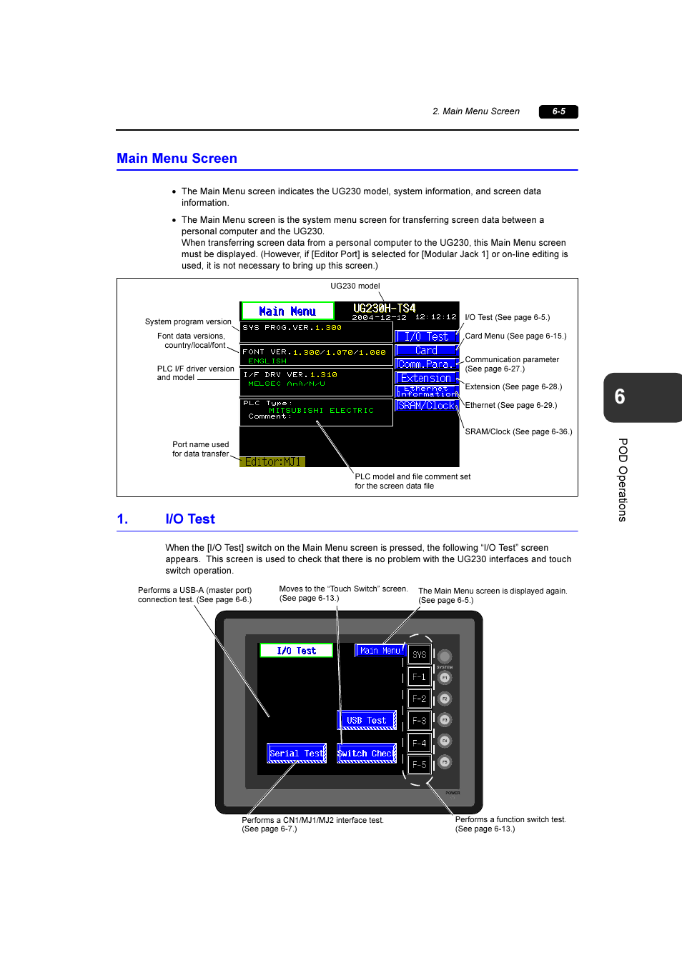Main menu screen, I/o test, Main menu screen -5 | I/o test -5 | Fuji Bikes FEH381 User Manual | Page 78 / 124