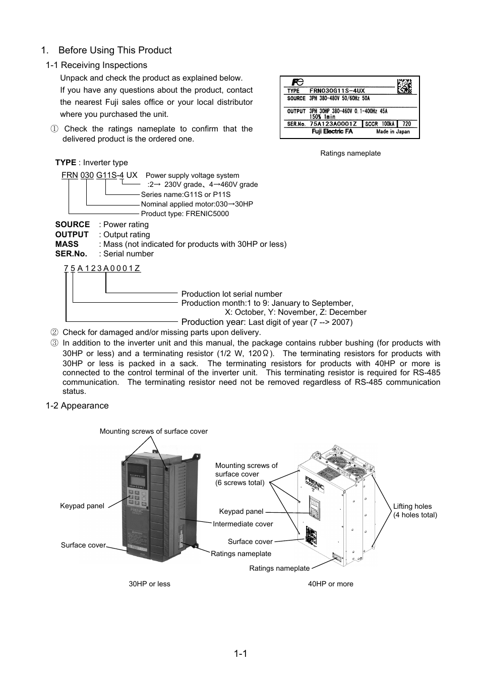 Before using this product, 1 receiving inspections, 2 appearance | Fuji Bikes FRENIC 5000G11S/P11S User Manual | Page 10 / 132