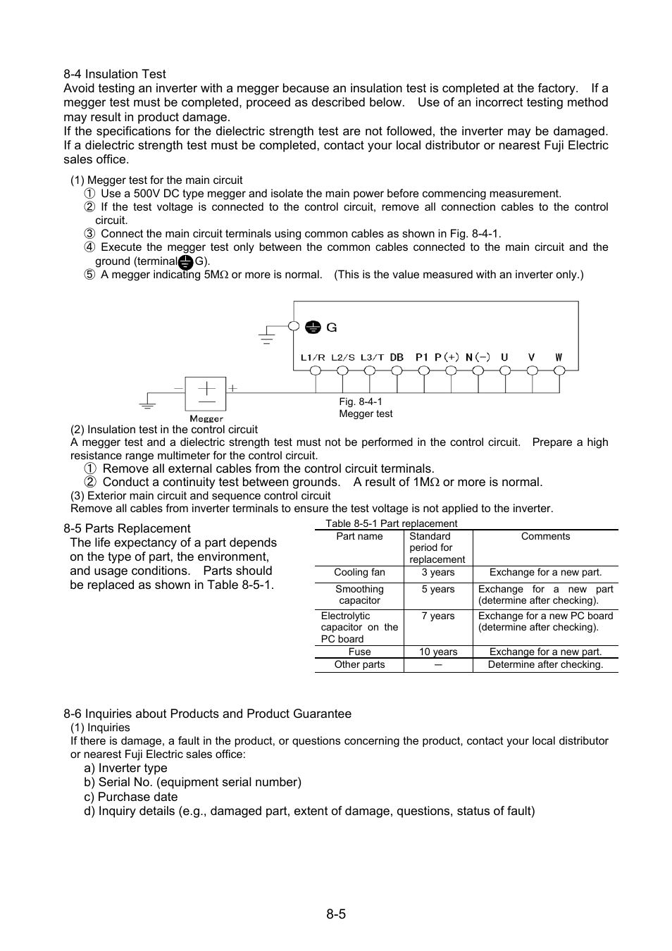 4 insulation test, 5 parts replacement, 6 inquiries about products and product guarantee | Fuji Bikes FRENIC 5000G11S/P11S User Manual | Page 108 / 132