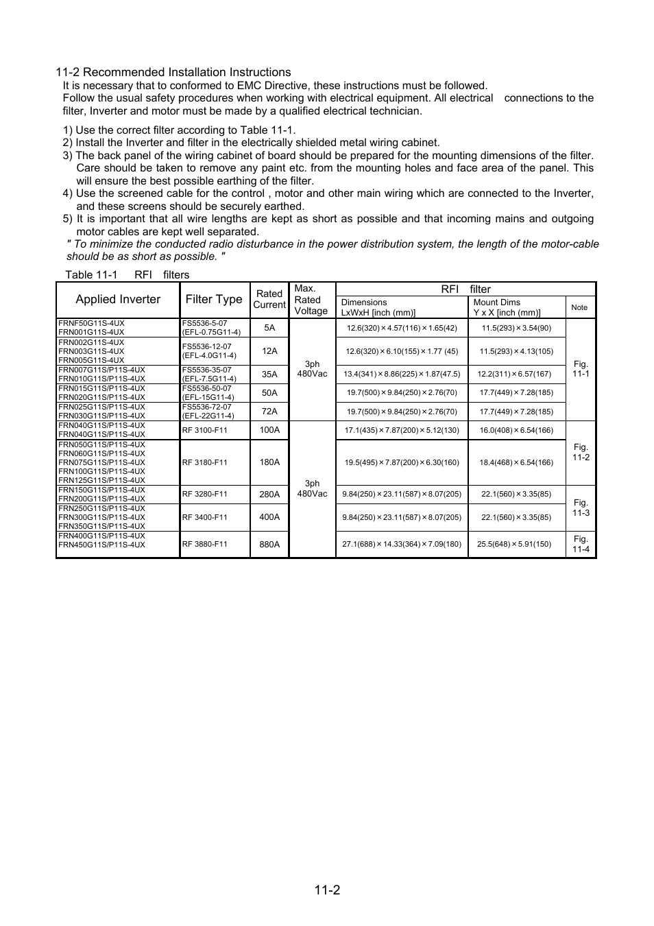 2 recommended installation instructions, Applied inverter filter type | Fuji Bikes FRENIC 5000G11S/P11S User Manual | Page 128 / 132