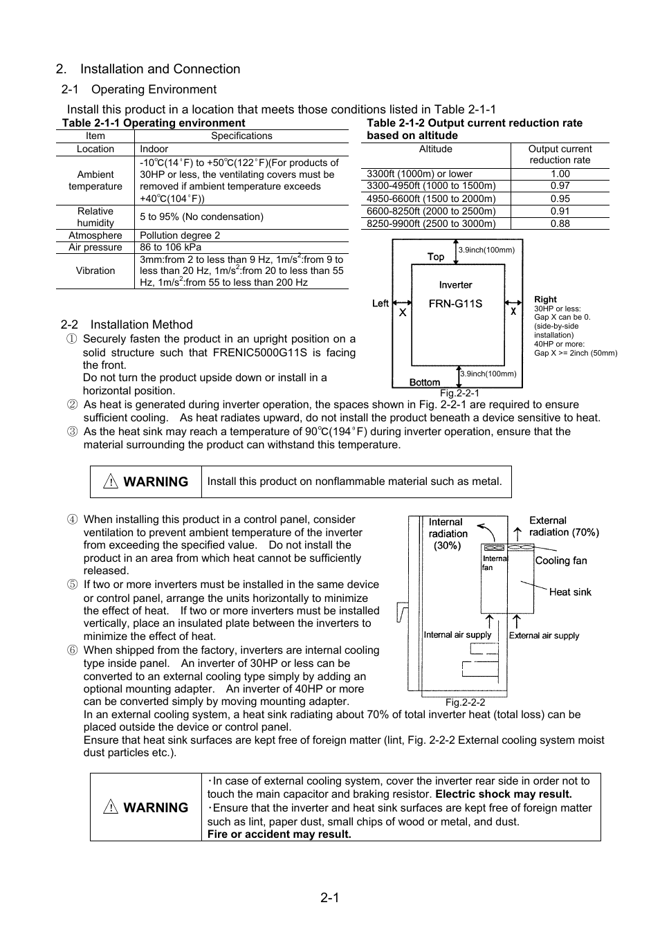 Installation and connection, 1 operating environment, 2 installation method | 1 2. installation and connection, Warning | Fuji Bikes FRENIC 5000G11S/P11S User Manual | Page 13 / 132