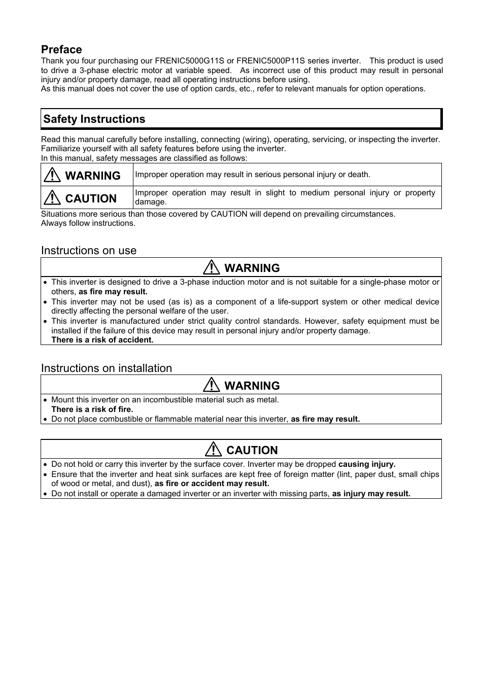 Preface, Safety instructions, Warning | Caution, Instructions on use, Instructions on installation | Fuji Bikes FRENIC 5000G11S/P11S User Manual | Page 2 / 132