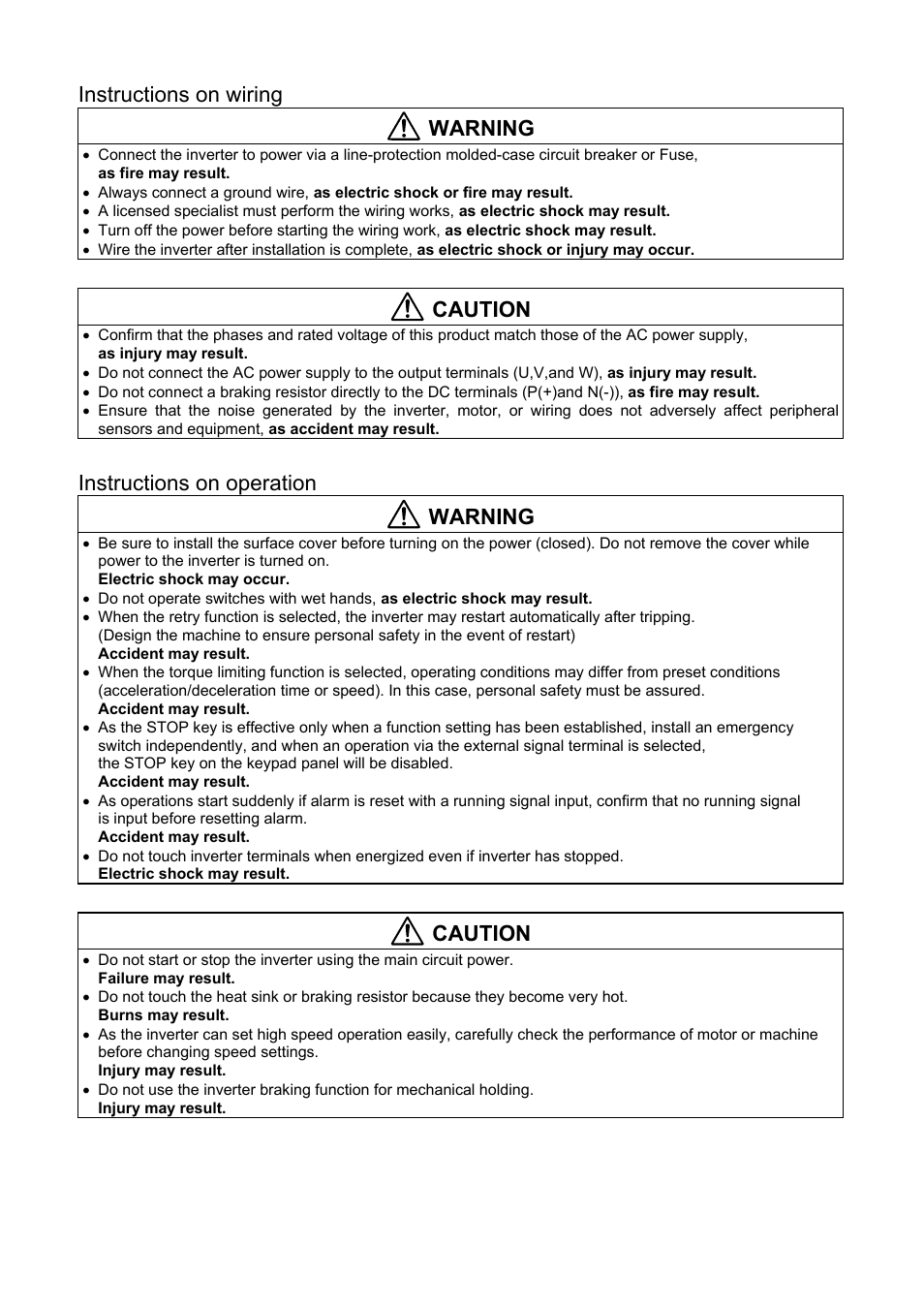 Instructions on wiring, Warning, Caution | Instructions on operation | Fuji Bikes FRENIC 5000G11S/P11S User Manual | Page 3 / 132