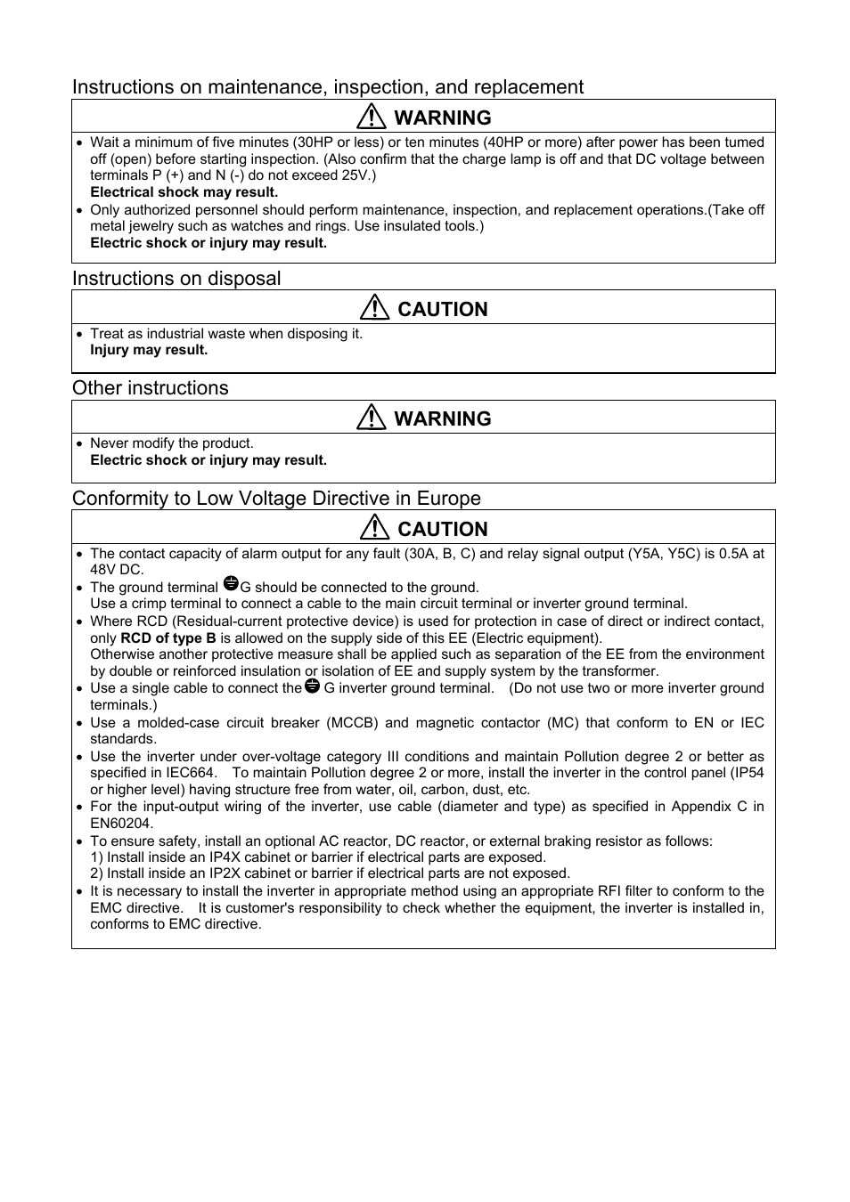 Warning, Instructions on disposal, Caution | Other instructions, Conformity to low voltage directive in europe | Fuji Bikes FRENIC 5000G11S/P11S User Manual | Page 4 / 132