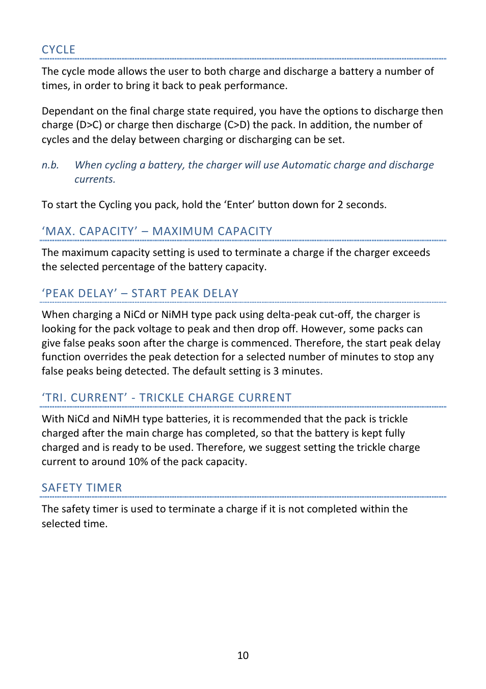 Cycle, Max. capacity’ – maximum capacity, Peak delay’ – start peak delay | Tri. current’ - trickle charge current, Safety timer | Fusion Emperor L702B Pro User Manual | Page 11 / 20