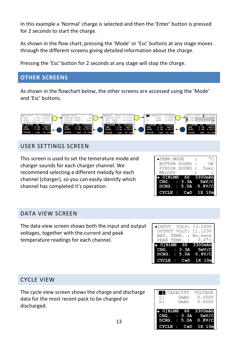 Other screens, User settings screen, Data view screen | Cycle view, D 1x 10m | Fusion Emperor L702B Pro User Manual | Page 14 / 20