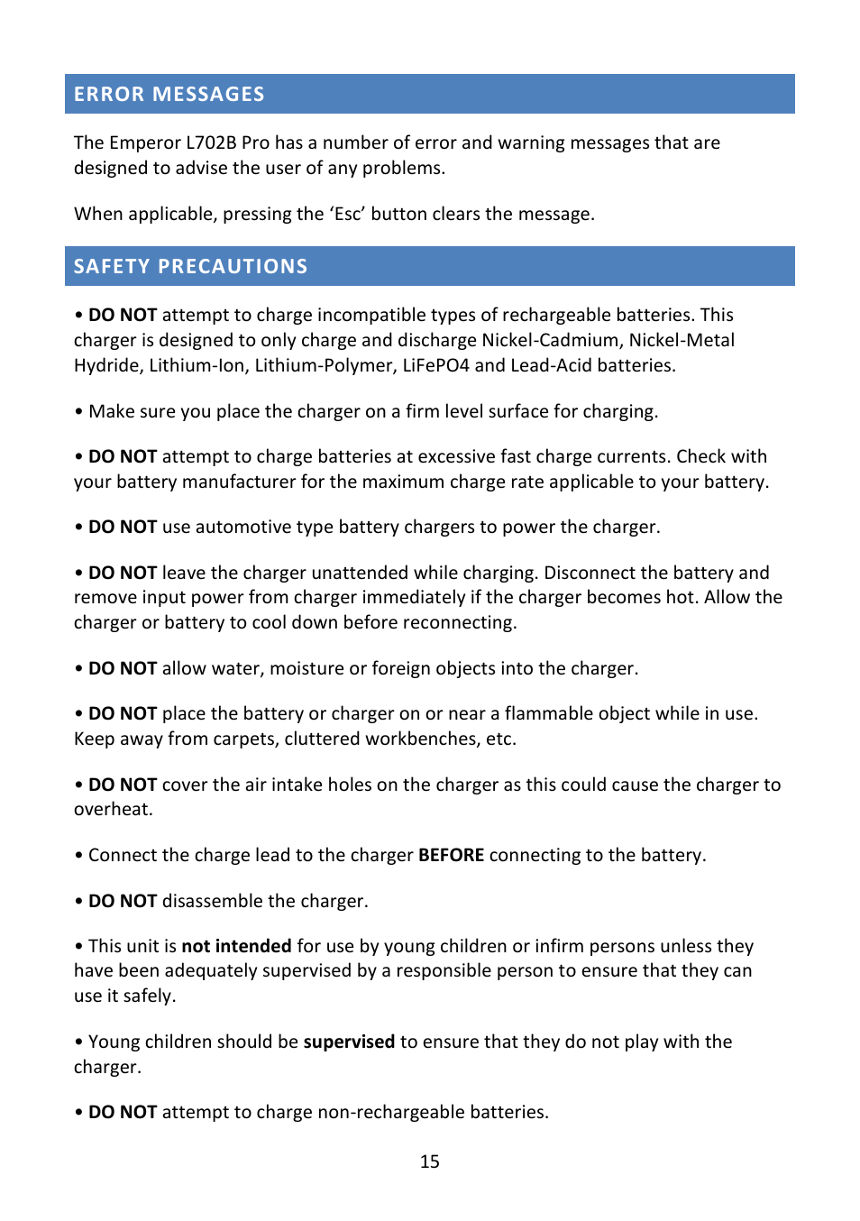 Error messages, Safety precautions | Fusion Emperor L702B Pro User Manual | Page 16 / 20