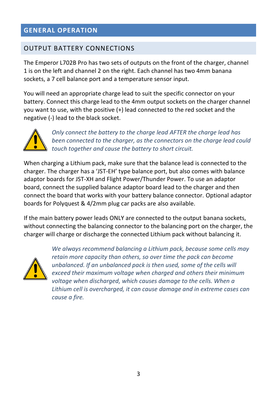 General operation, Output battery connections | Fusion Emperor L702B Pro User Manual | Page 4 / 20