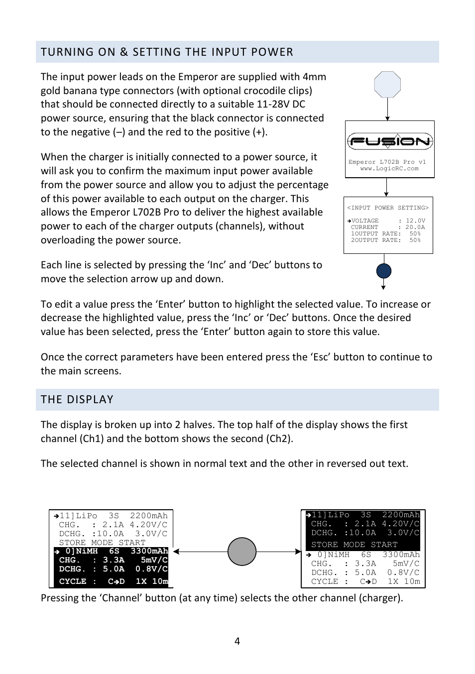Turning on & setting the input power, The display, Ch1 selected ch2 selected | Fusion Emperor L702B Pro User Manual | Page 5 / 20