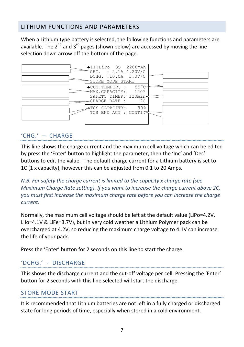 Lithium functions and parameters, Chg.’ – charge, Dchg.’ - discharge | Store mode start, Page 3 page 1 page 2 | Fusion Emperor L702B Pro User Manual | Page 8 / 20