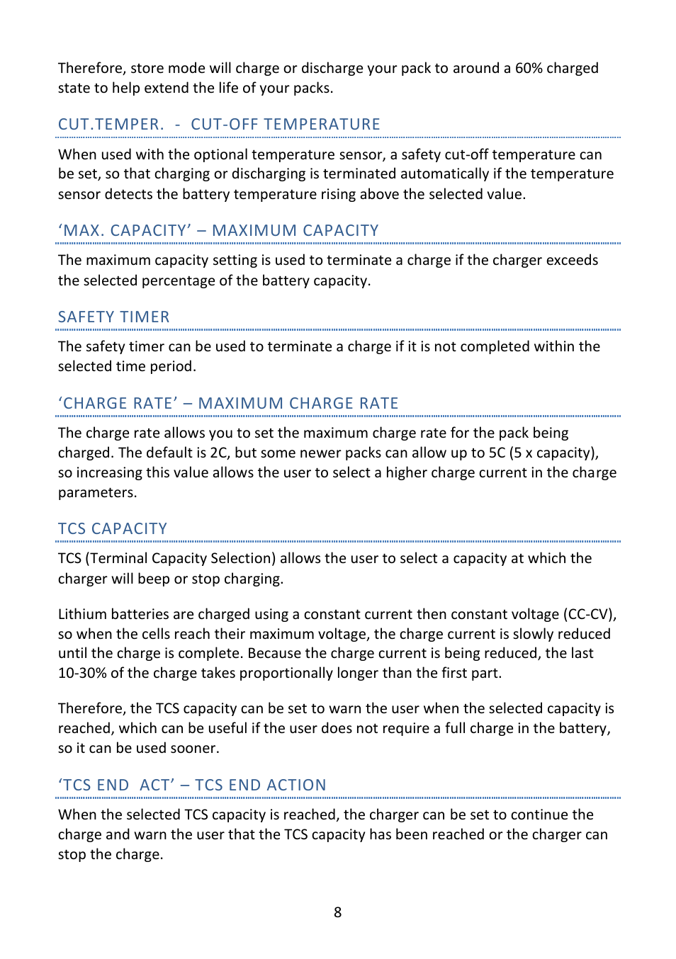 Cut.temper. - cut-off temperature, Max. capacity’ – maximum capacity, Safety timer | Charge rate’ – maximum charge rate, Tcs capacity, Tcs end act’ – tcs end action | Fusion Emperor L702B Pro User Manual | Page 9 / 20