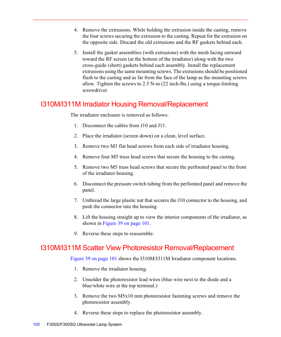 I310m/i311m irradiator housing removal/replacement | Fusion F300S User Manual | Page 100 / 154