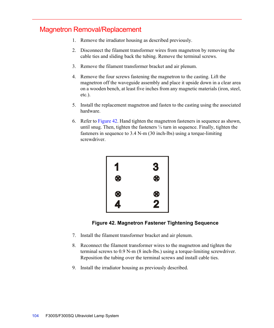 Magnetron removal/replacement, Figure 42. magnetron fastener tightening sequence | Fusion F300S User Manual | Page 104 / 154