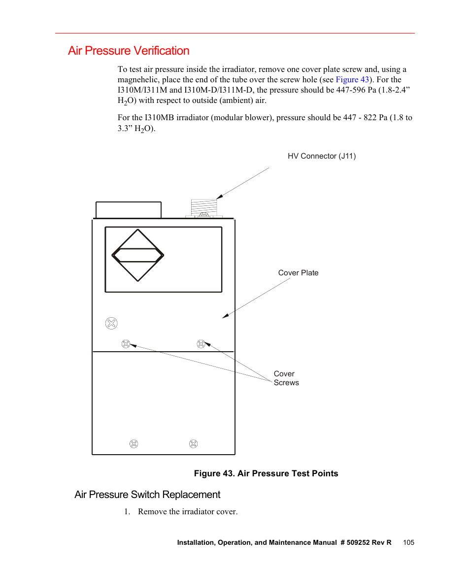 Air pressure verification, Figure 43. air pressure test points, Air pressure switch replacement | Fusion F300S User Manual | Page 105 / 154