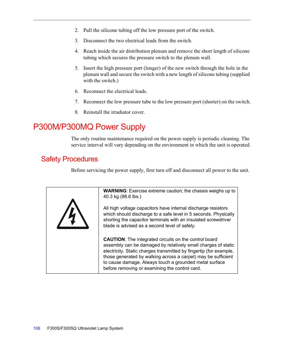 P300m/p300mq power supply, Safety procedures | Fusion F300S User Manual | Page 106 / 154