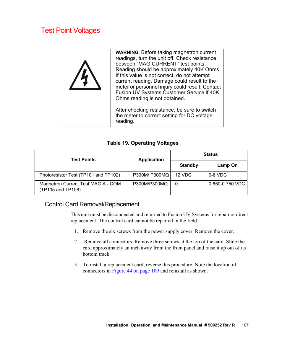 Test point voltages, Table 19. operating voltages, Control card removal/replacement | Fusion F300S User Manual | Page 107 / 154