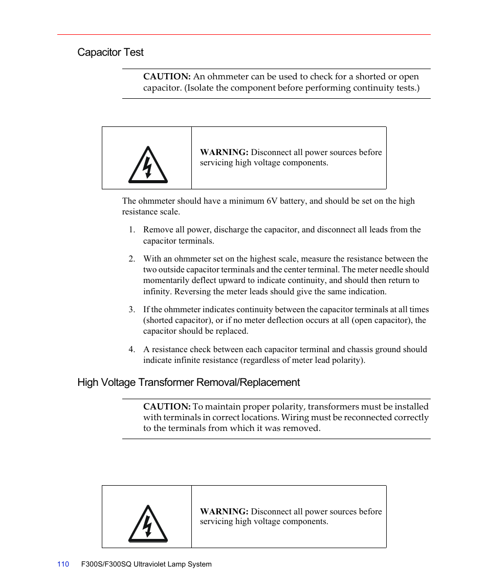 Capacitor test, High voltage transformer removal/replacement | Fusion F300S User Manual | Page 110 / 154