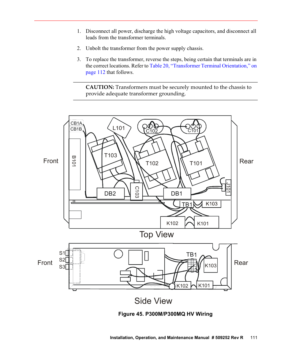 Figure 45. p300m/p300mq hv wiring, Top view side view | Fusion F300S User Manual | Page 111 / 154