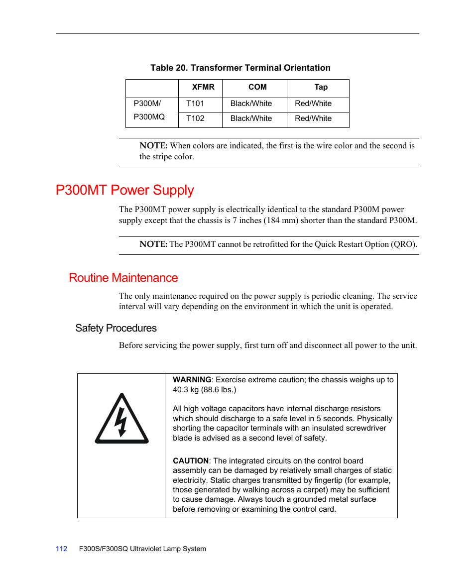 Table 20. transformer terminal orientation, P300mt power supply, Routine maintenance | Safety procedures | Fusion F300S User Manual | Page 112 / 154