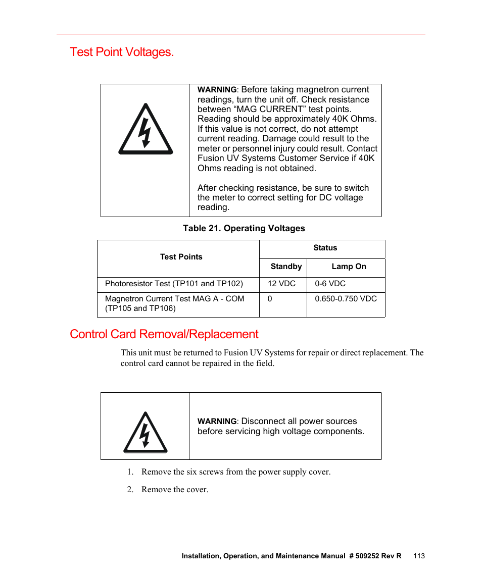 Test point voltages, Table 21. operating voltages, Control card removal/replacement | Fusion F300S User Manual | Page 113 / 154