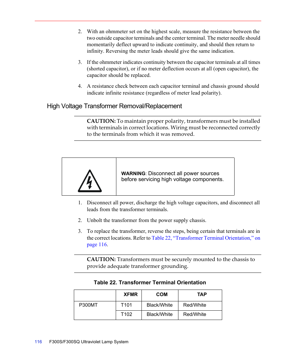 High voltage transformer removal/replacement, Table 22. transformer terminal orientation | Fusion F300S User Manual | Page 116 / 154