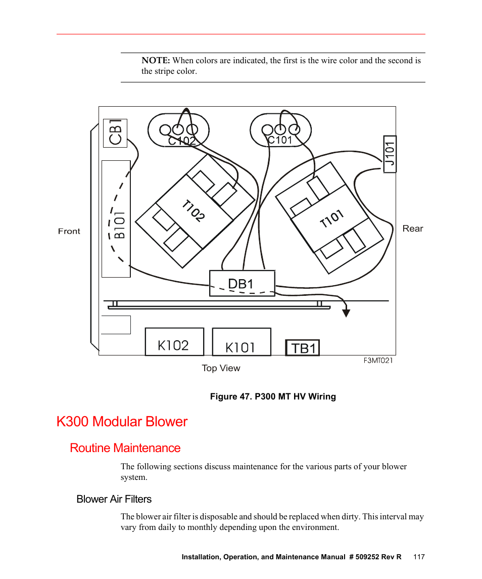 Figure 47. p300 mt hv wiring, K300 modular blower, Routine maintenance | Blower air filters | Fusion F300S User Manual | Page 117 / 154