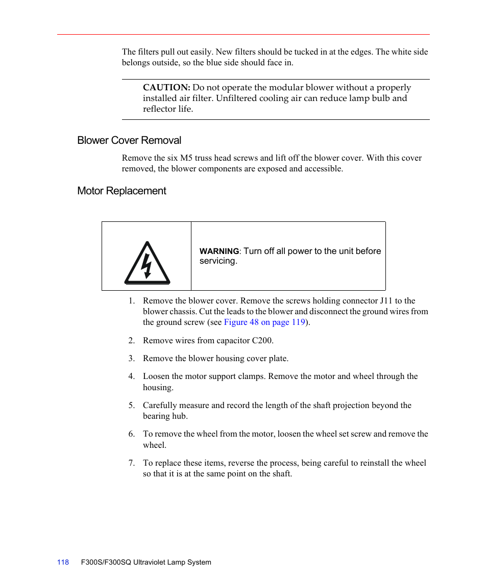 Blower cover removal, Motor replacement, Blower cover removal motor replacement | Fusion F300S User Manual | Page 118 / 154