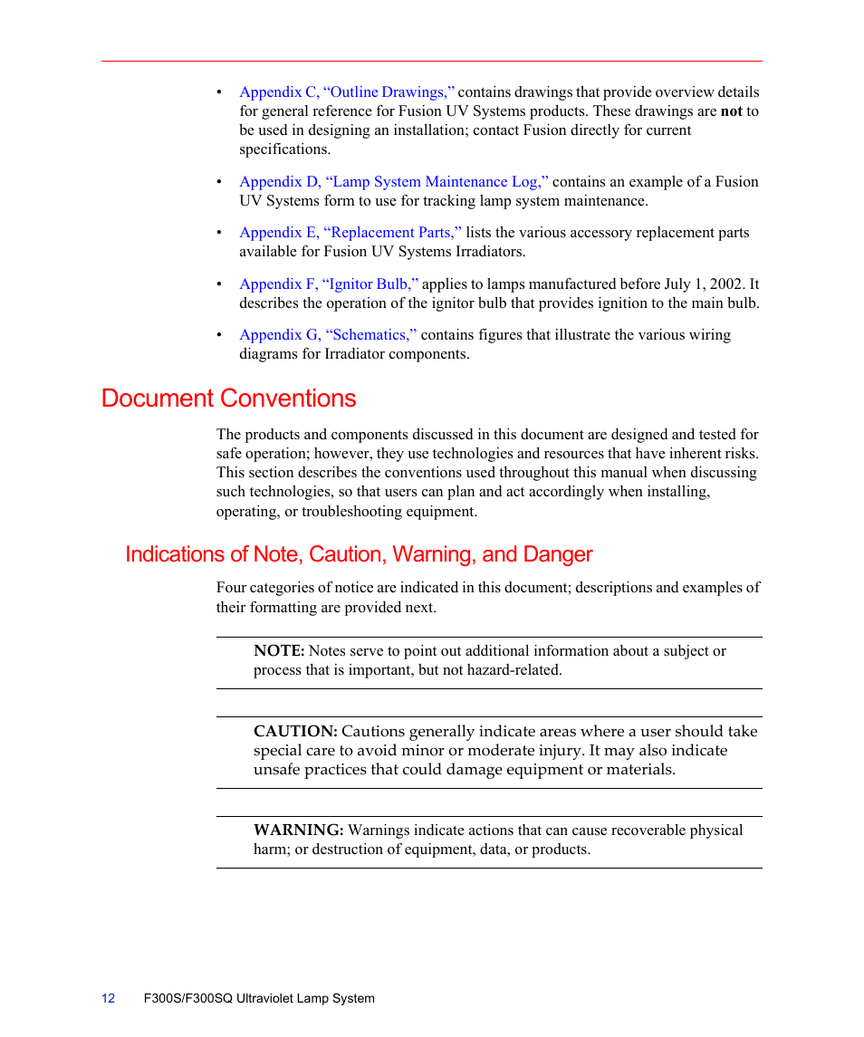 Document conventions, Indications of note, caution, warning, and danger | Fusion F300S User Manual | Page 12 / 154