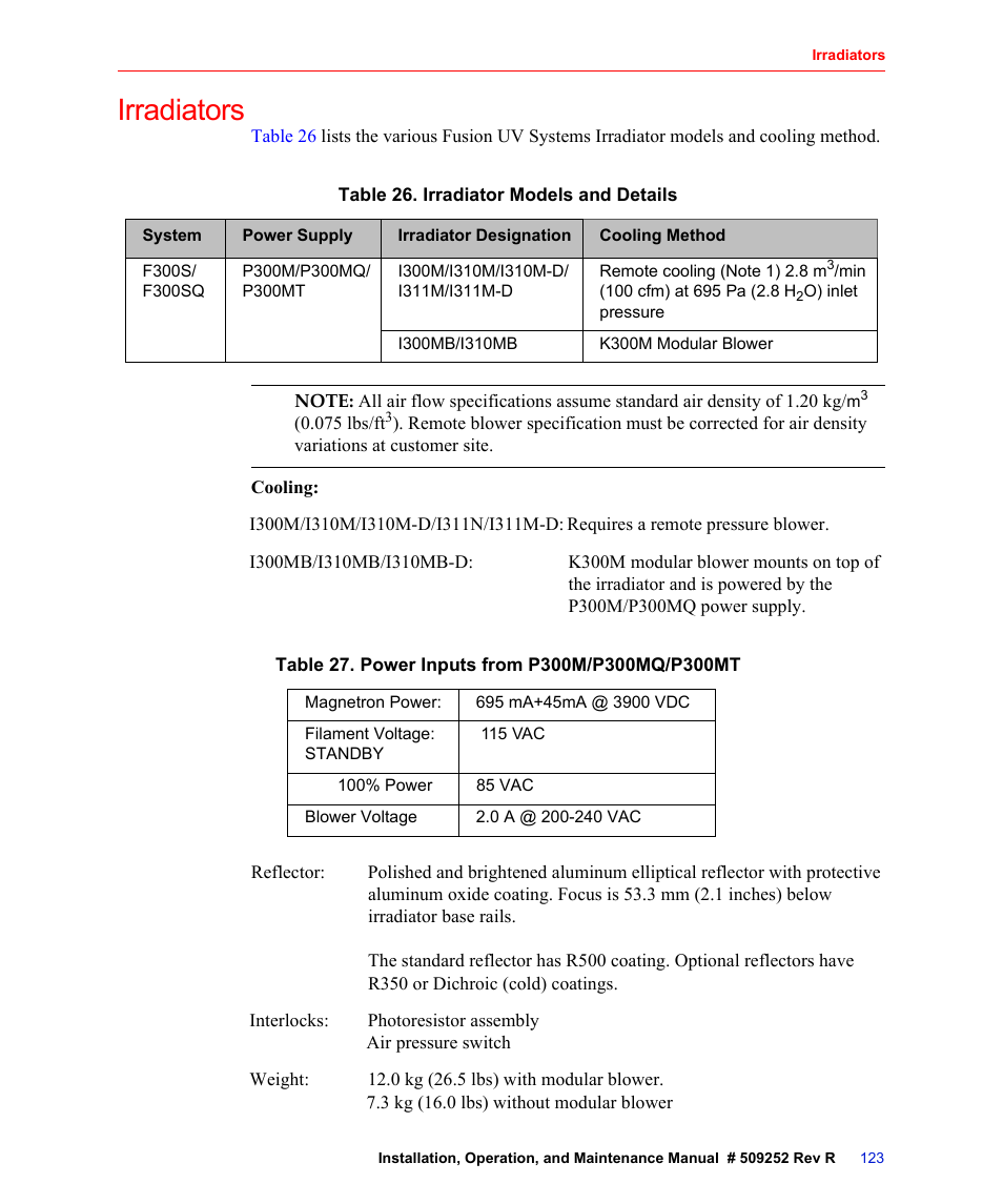Irradiators, Table 26. irradiator models and details, Table 27. power inputs from p300m/p300mq/p300mt | Fusion F300S User Manual | Page 123 / 154