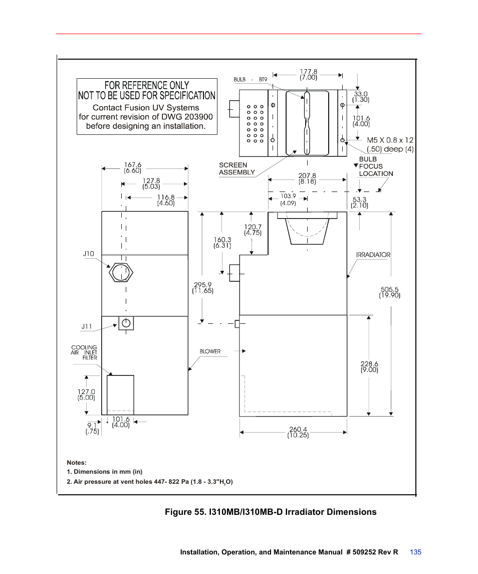 Figure 55. i310mb/i310mb-d irradiator dimensions, Figure 55 | Fusion F300S User Manual | Page 135 / 154