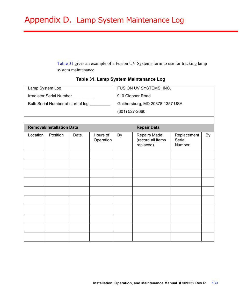 Appendix d. lamp system maintenance log, Table 31. lamp system maintenance log, Appendix d, “lamp system maintenance log | Included in, Appendix d, Lamp system maintenance log | Fusion F300S User Manual | Page 139 / 154