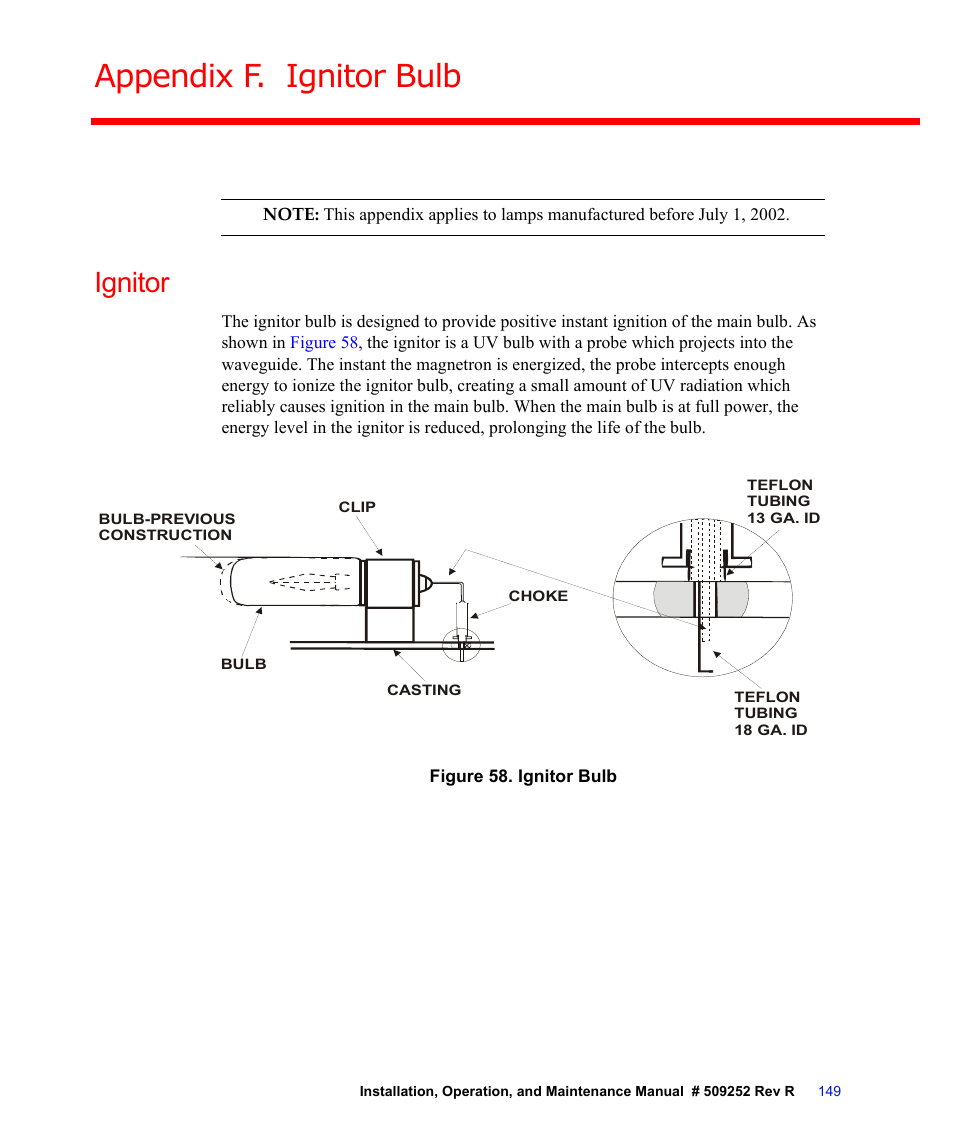 Appendix f. ignitor bulb, Ignitor, Figure 58. ignitor bulb | Appendix f, “ignitor bulb | Fusion F300S User Manual | Page 149 / 154