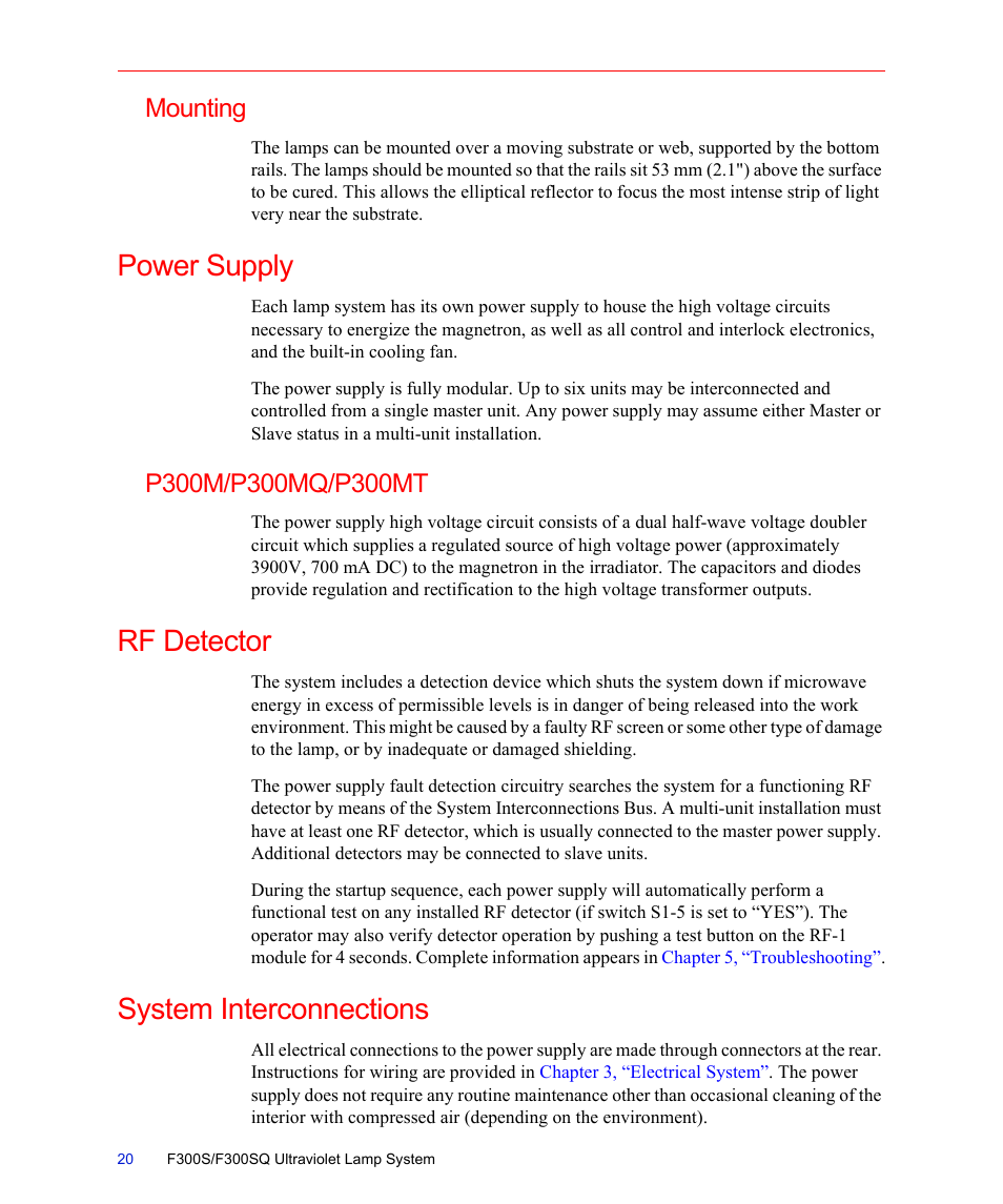 Mounting, Power supply, P300m/p300mq/p300mt | Rf detector, System interconnections, Rf detector system interconnections | Fusion F300S User Manual | Page 20 / 154