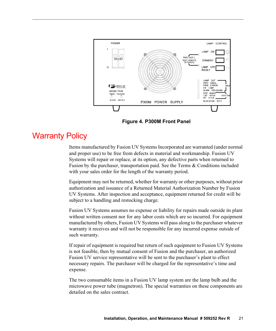 Figure 4. p300m front panel, Warranty policy | Fusion F300S User Manual | Page 21 / 154