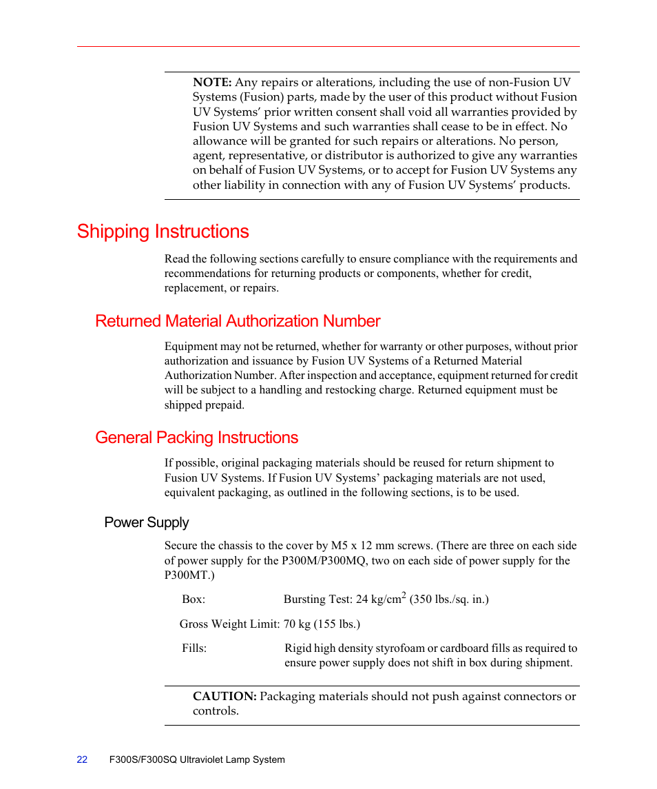 Shipping instructions, Returned material authorization number, General packing instructions | Power supply | Fusion F300S User Manual | Page 22 / 154