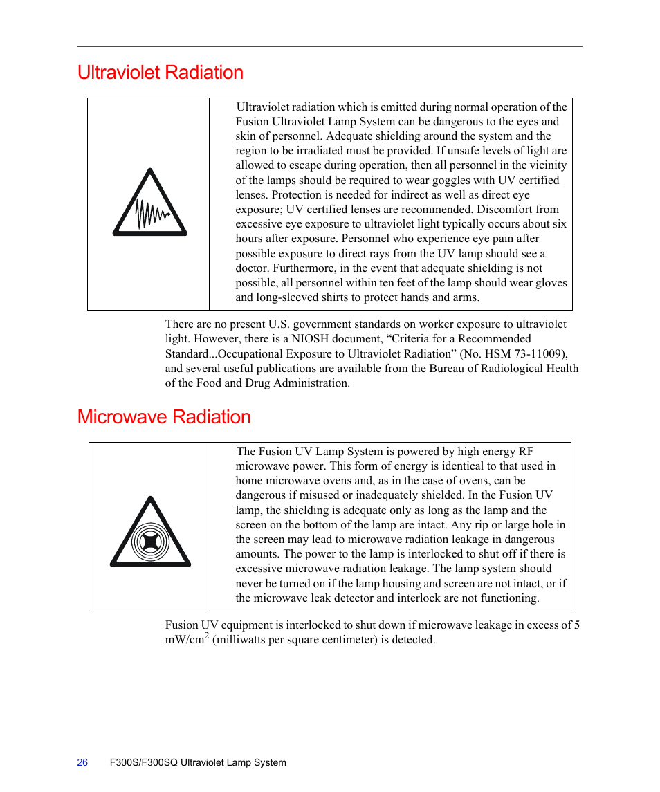 Ultraviolet radiation, Microwave radiation, Ultraviolet radiation microwave radiation | Fusion F300S User Manual | Page 26 / 154