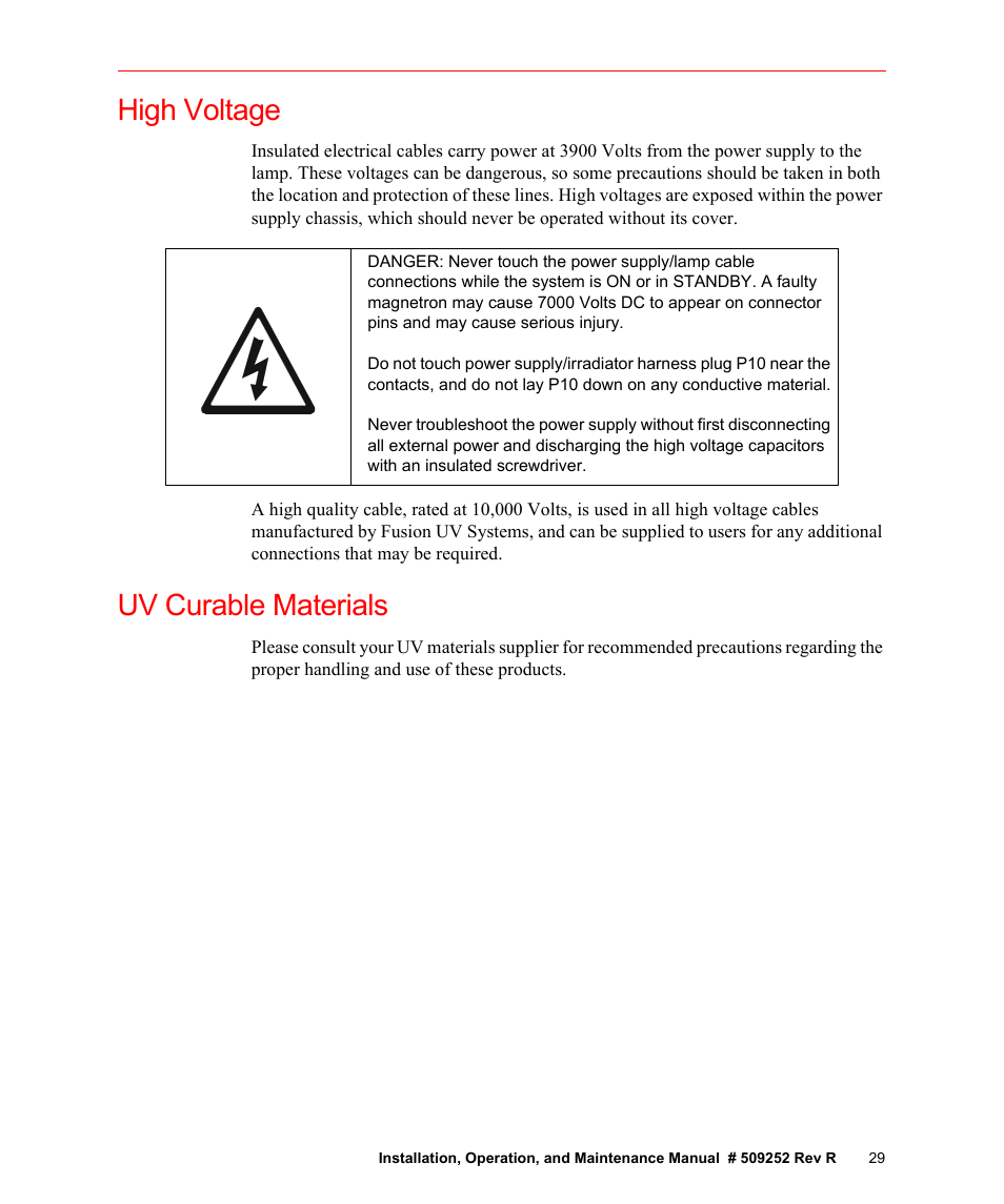 High voltage, Uv curable materials, High voltage uv curable materials | Fusion F300S User Manual | Page 29 / 154