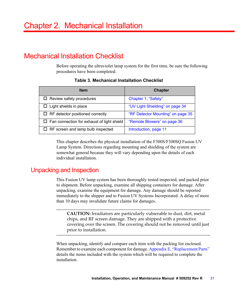 Chapter 2. mechanical installation, Mechanical installation checklist, Table 3. mechanical installation checklist | Unpacking and inspection, Chapter 2, “mechanical installation | Fusion F300S User Manual | Page 31 / 154