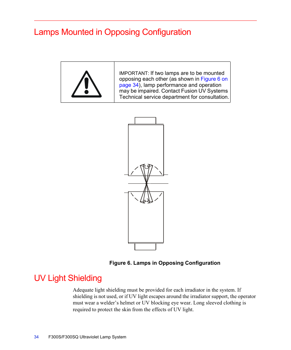 Lamps mounted in opposing configuration, Figure 6. lamps in opposing configuration, Uv light shielding | Fusion F300S User Manual | Page 34 / 154