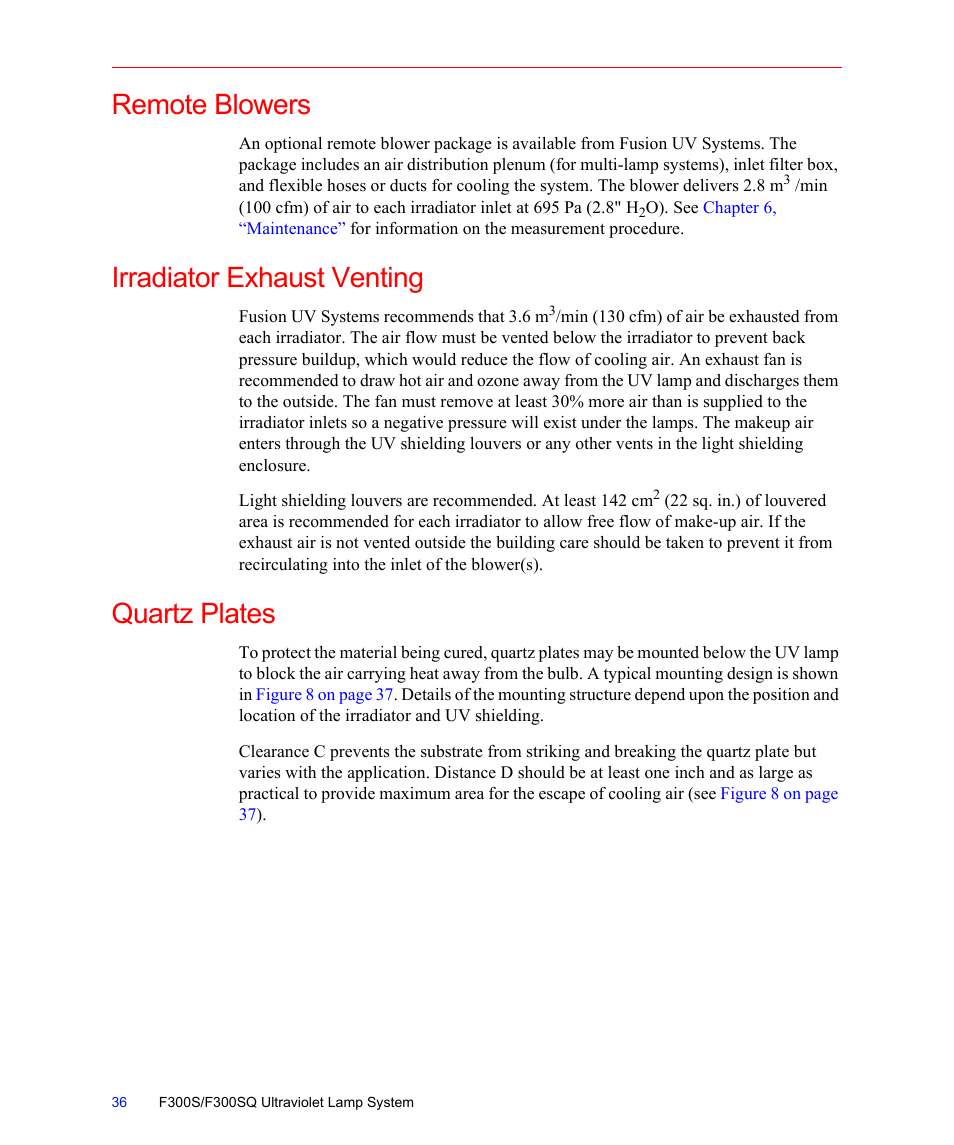 Remote blowers, Irradiator exhaust venting, Quartz plates | Fusion F300S User Manual | Page 36 / 154