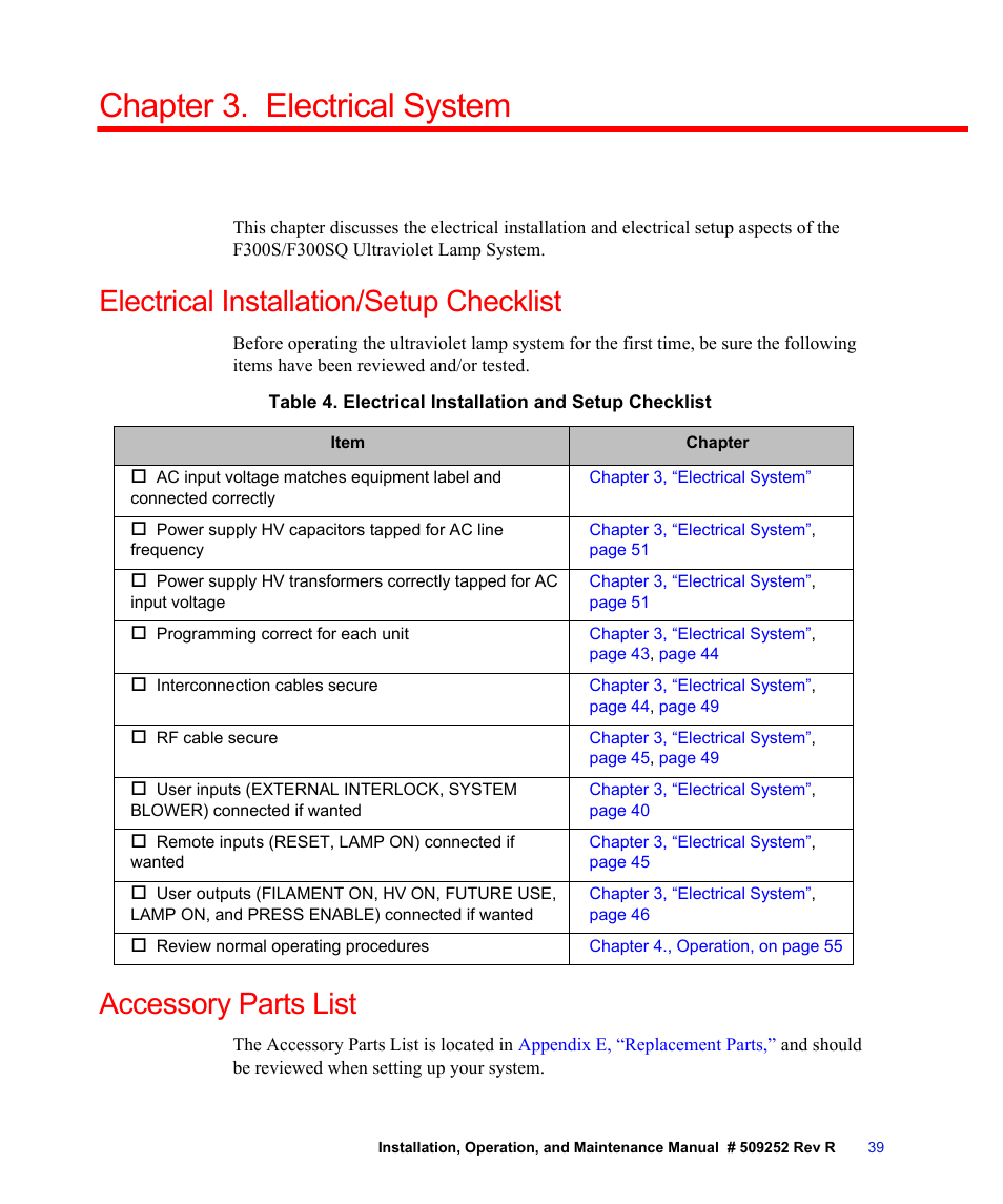 Chapter 3. electrical system, Electrical installation/setup checklist, Accessory parts list | Chapter 3, “electrical system, Isms (see | Fusion F300S User Manual | Page 39 / 154